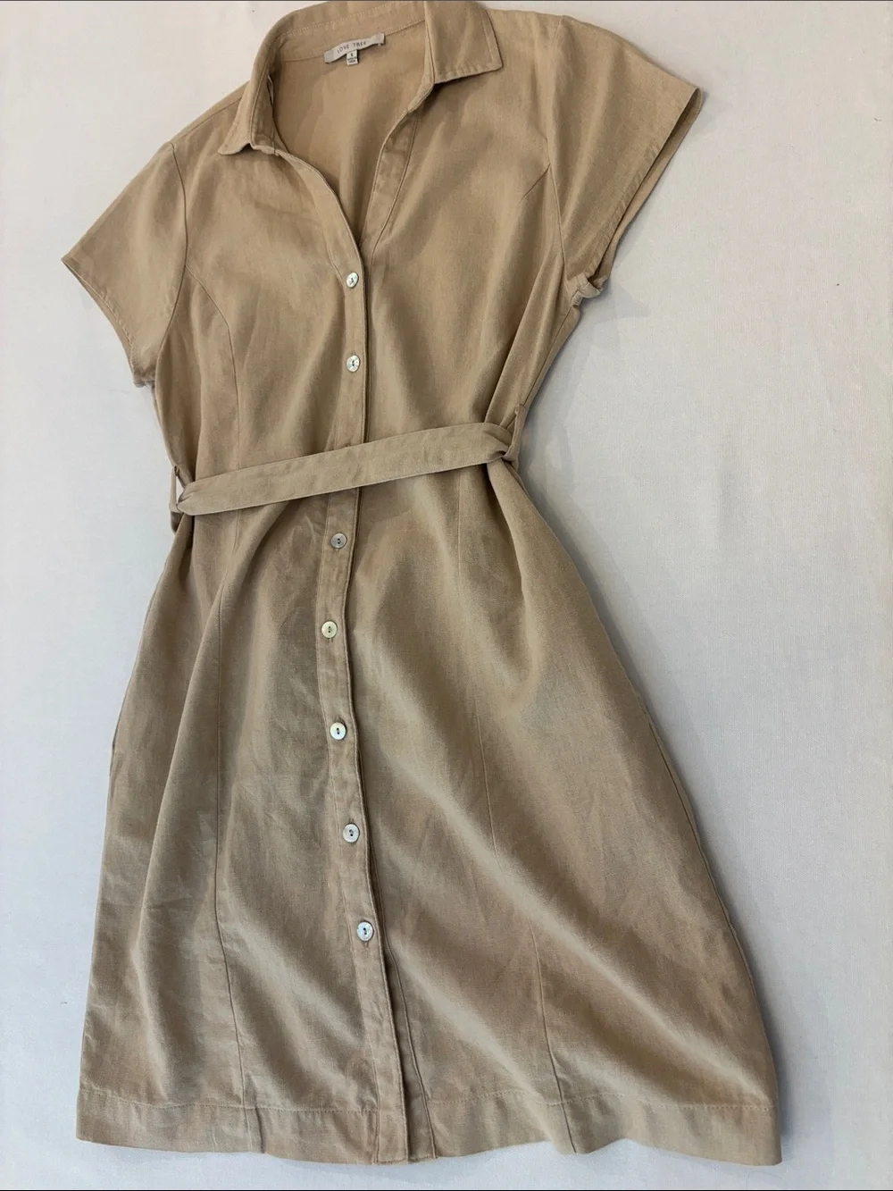 Love Tree Beige Short-Sleeve Collared Linen Blend Button Up Dress with Belt. S